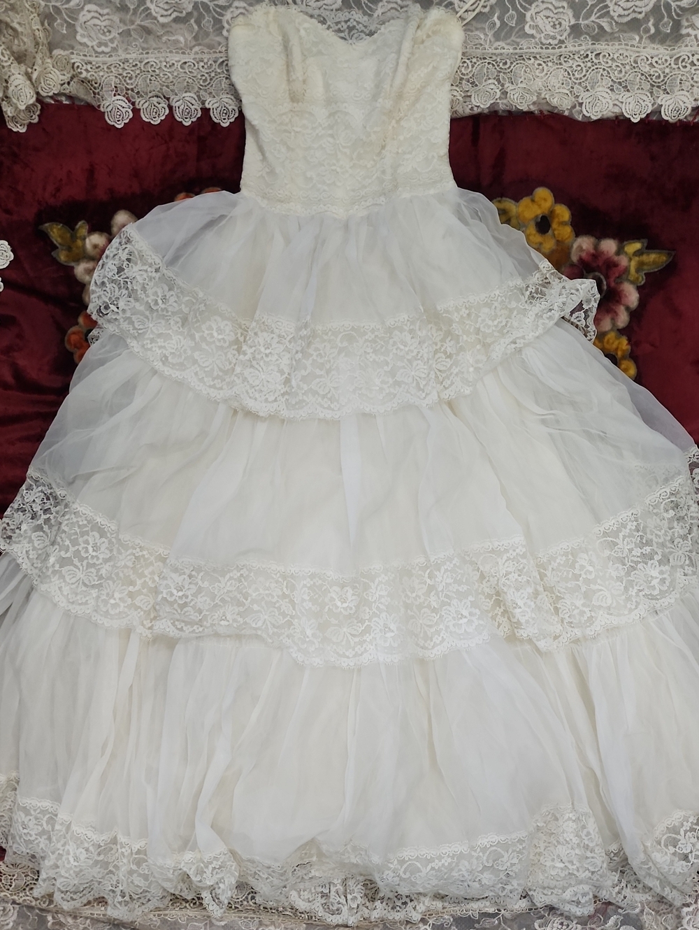 1960s Ivory Lace Tiered Tulle Wedding Dress